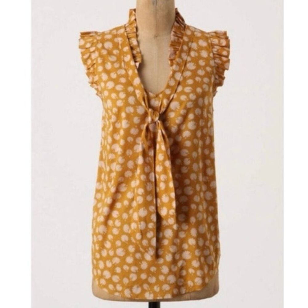 ODILLE x ANTHROPOLOGIE | Yellow Cream Graphic Flowers Floral Tie Blouse | Size 8